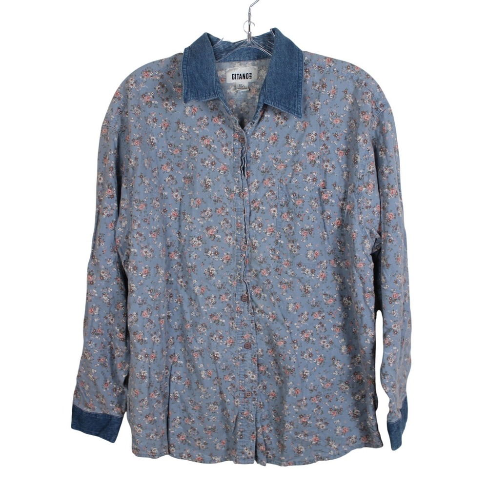 Gitano Womens Large Floral Button Down Shirt Denim Collar Cuffs Blue Pink Cotton